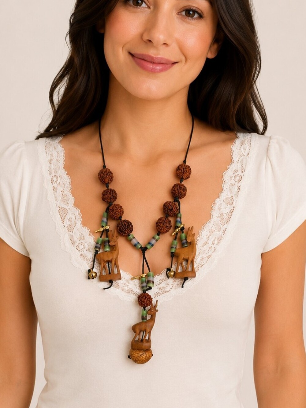 ARTISAN Rudrashka Nut Goat Head Carved Antelope Glass Beaded Protection Necklace